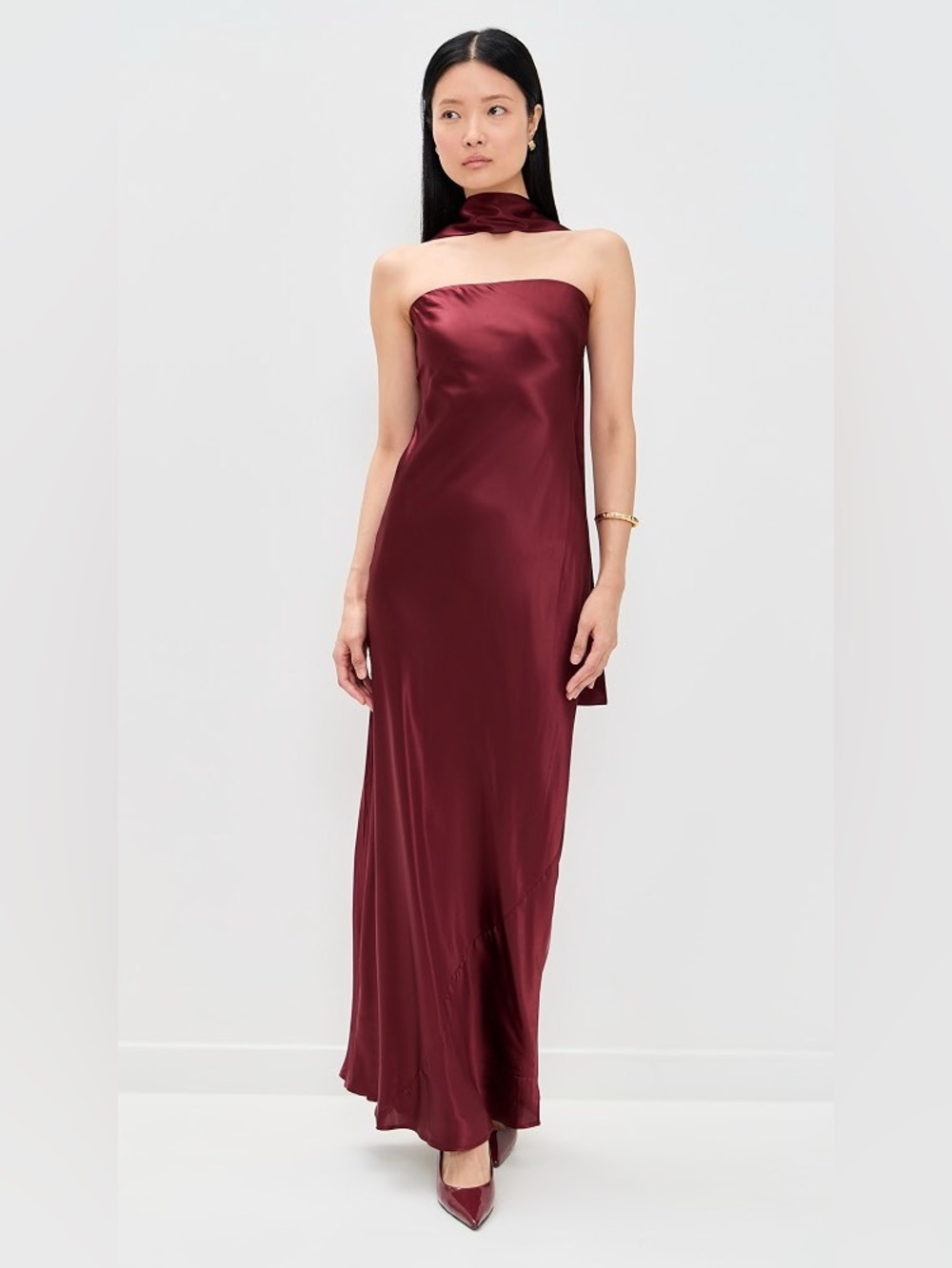Reformation Oren burgundy strapless silk dress with scarf maxi wedding guest NWT